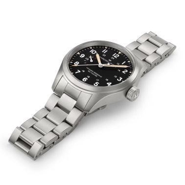Hamilton Khaki Field Power Reserve mechanical watch with black dial and 40 mm steel bracelet