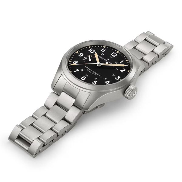 Hamilton Khaki Field Power Reserve mechanical watch with black dial and 40 mm steel bracelet