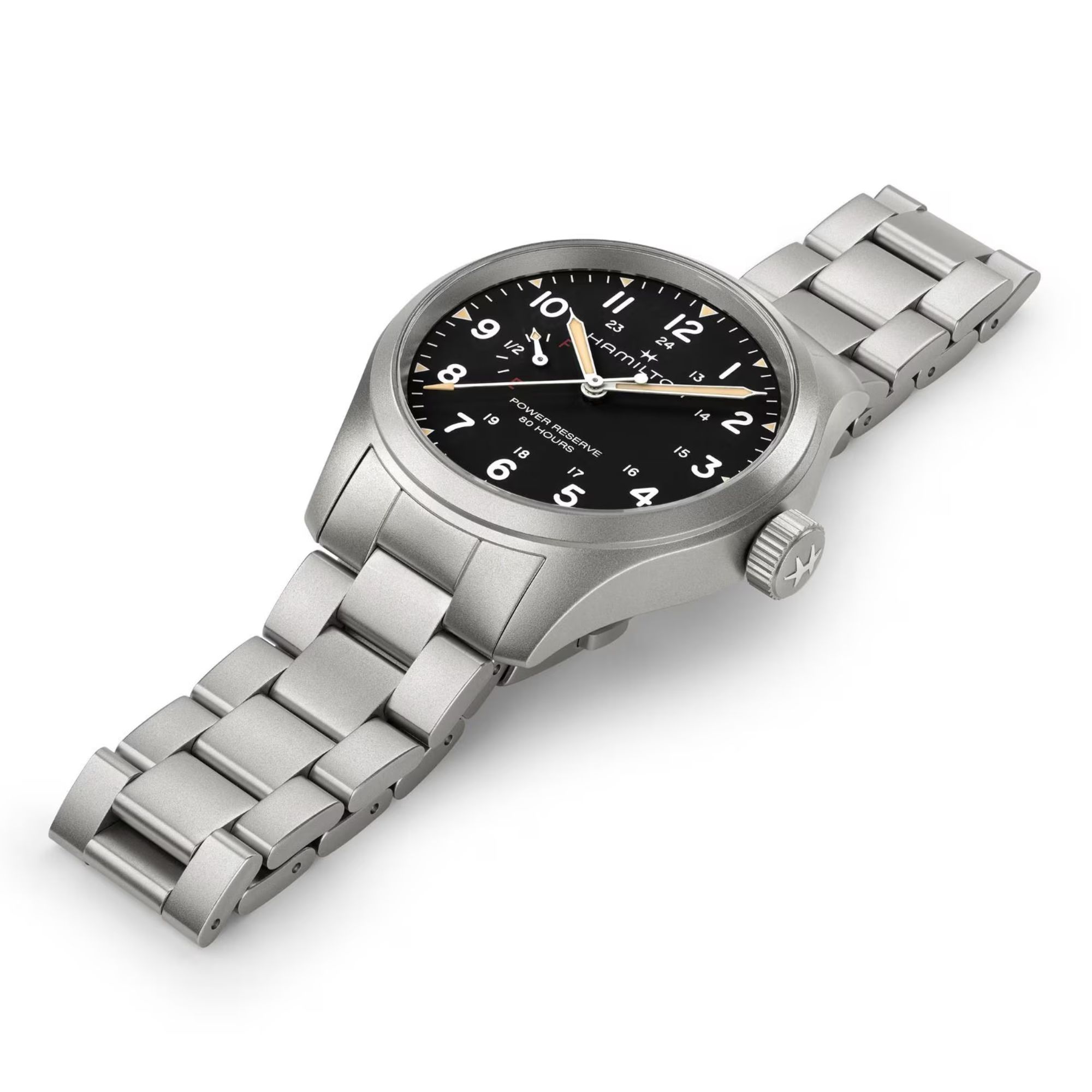 Hamilton Khaki Field Power Reserve mechanical watch with black dial and 40 mm steel bracelet