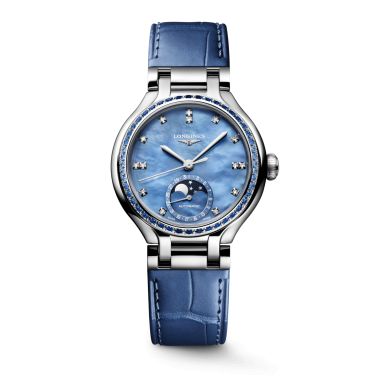 Montre Longines PrimaLuna Moonphase automatique cadran nacre bleue bracelet cuir bleu 34 mm