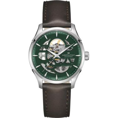 Hamilton Jazzmaster Skeleton Automatic Watch with Green Skeleton Dial and Brown Leather Strap, 40 mm