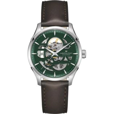 Montre Hamilton Jazzmaster Skeleton automatique cadran squelette vert bracelet cuir marron 40 mm