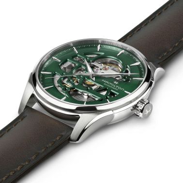 Hamilton Jazzmaster Skeleton Automatic Watch with Green Skeleton Dial and Brown Leather Strap, 40 mm
