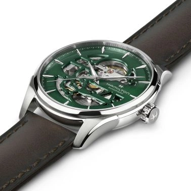 Hamilton Jazzmaster Skeleton Automatic Watch with Green Skeleton Dial and Brown Leather Strap, 40 mm