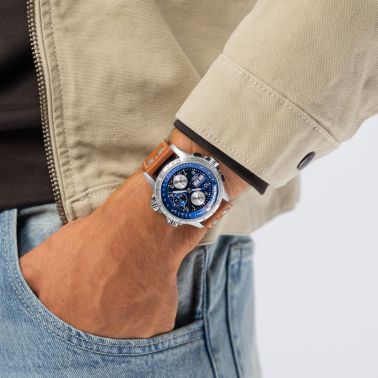 Hamilton Khaki Aviation X-Wind automatic chronograph watch with blue dial and brown leather strap, 44 mm