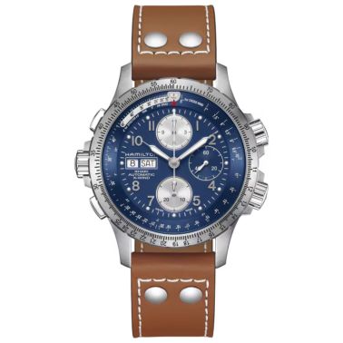Montre Hamilton Khaki Aviation X-Wind Day-Date autochrono cadran bleu bracelet cuir marron 44 mm