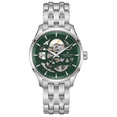 Montre Hamilton Jazzmaster Skeleton automatique cadran squelette vert bracelet acier 40 mm