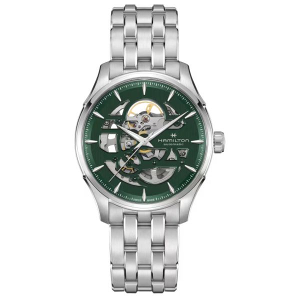 Montre Hamilton Jazzmaster Skeleton automatique cadran squelette vert bracelet acier 40 mm