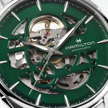 Montre Hamilton Jazzmaster Skeleton automatique cadran squelette vert bracelet acier 40 mm