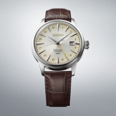 Montre Seiko Presage Cocktail "Acacia" automatique GMT cadran champagne bracelet cuir 40,5 mm