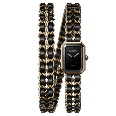 CHANEL watch, First Edition, Iconic Double Tour chain, black lacquered dial, yellow gold steel and black leather bracelet, 20 mm