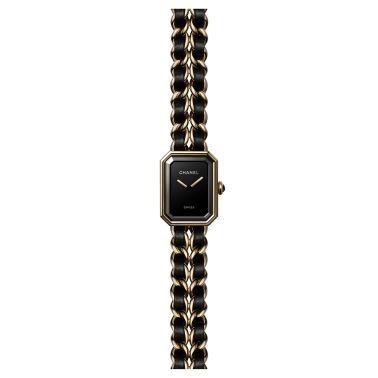 CHANEL watch, First Edition, Iconic Double Tour chain, black lacquered dial, yellow gold steel and black leather bracelet, 20 mm