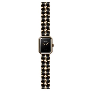 Montre CHANEL Première Edition Chaîne iconique Double Tour cadran laqué noir bracelet acier or jaune et cuir noir 20 mm