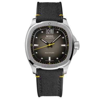Mido Multifort TV Big Date automatic watch with black dial and black fabric strap, 40 mm
