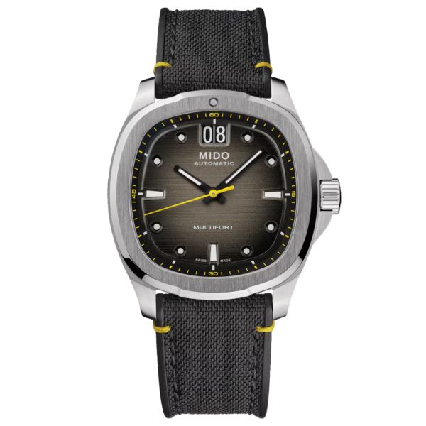 Montre Mido Multifort TV Big Date automatique cadran noir bracelet tissu noir 40 mm
