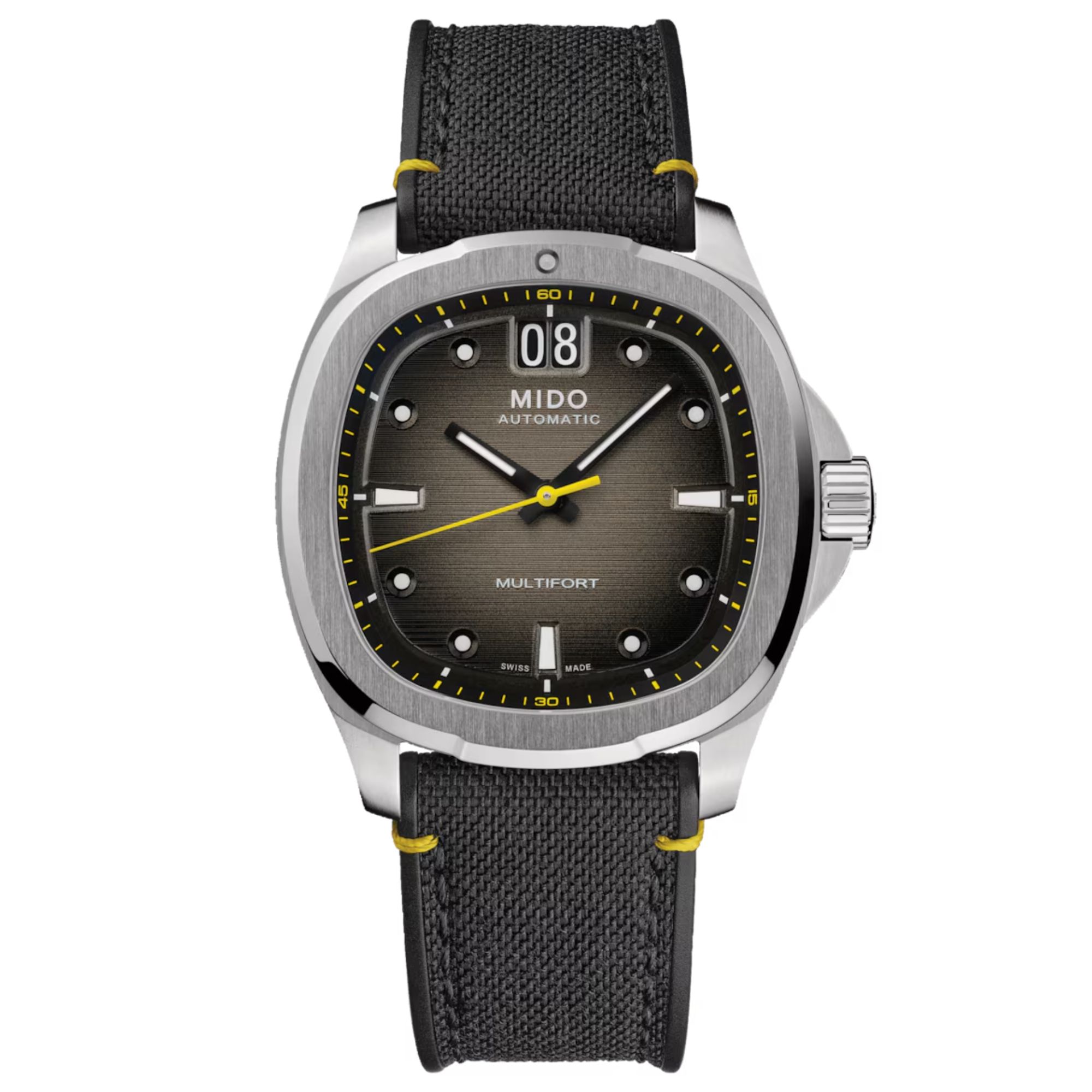 Montre Mido Multifort TV Big Date automatique cadran noir bracelet tissu noir 40 mm