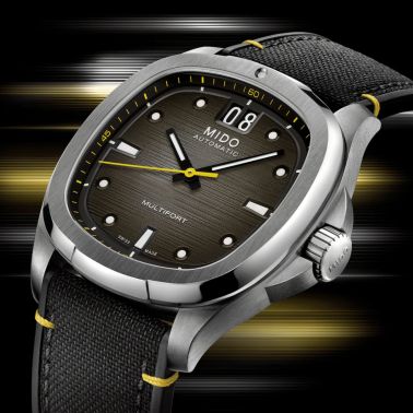 Mido Multifort TV Big Date automatic watch with black dial and black fabric strap, 40 mm