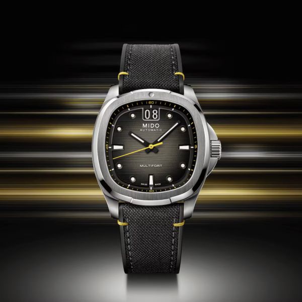 Montre Mido Multifort TV Big Date automatique cadran noir bracelet tissu noir 40 mm