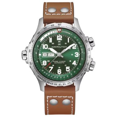 Hamilton Khaki Aviation X-Wind Day-Date Autochrono watch with green dial and brown leather strap, 44 mm