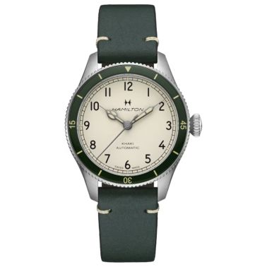 Hamilton Pilot Pioneer Auto automatic watch with white dial and green leather strap, 38 mm