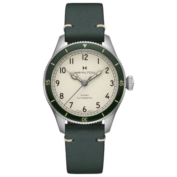 Hamilton Pilot Pioneer Auto automatic watch with white dial and green leather strap, 38 mm