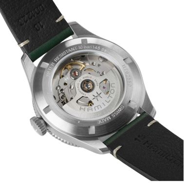 Hamilton Pilot Pioneer Auto automatic watch with white dial and green leather strap, 38 mm