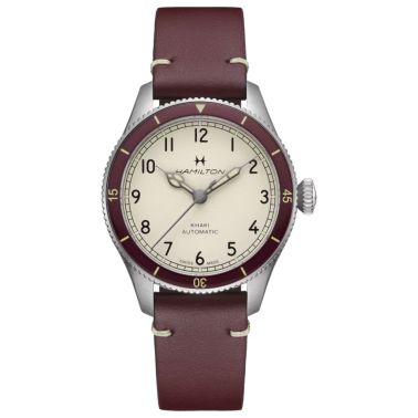 Montre Hamilton Pilot Pioneer Auto automatique cadran blanc bracelet cuir bordeaux 38 mm
