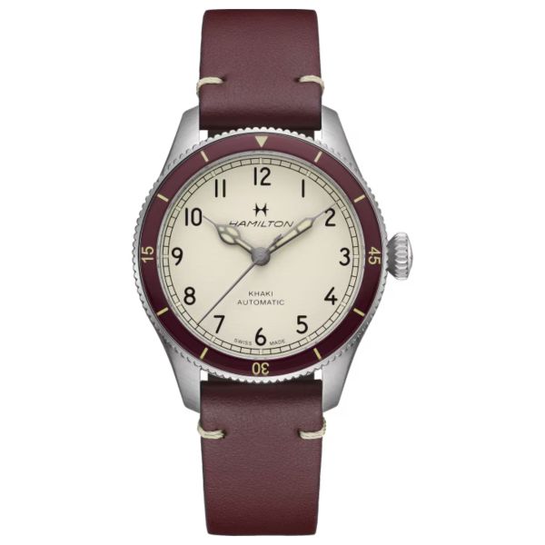 Montre Hamilton Pilot Pioneer Auto automatique cadran blanc bracelet cuir bordeaux 38 mm