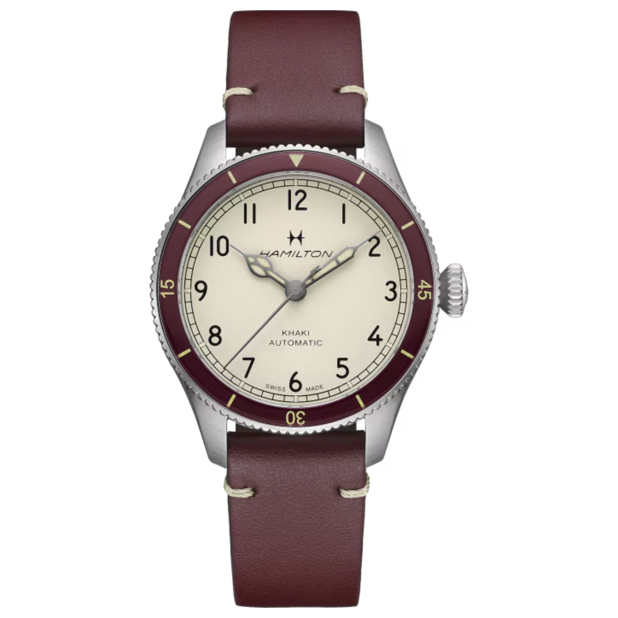 Montre Hamilton Pilot Pioneer Auto automatique cadran blanc bracelet cuir bordeaux 38 mm