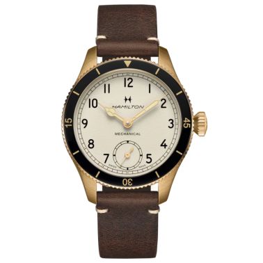 Montre Hamilton Khaki Pilot Pioneer mécanique bronze et titanium cadran blanc bracelet cuir bordeaux
