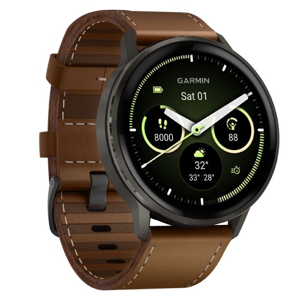 Montre Garmin Venu 4 AMOLED Gray bracelet cuir marron et silicone noir 45 mm