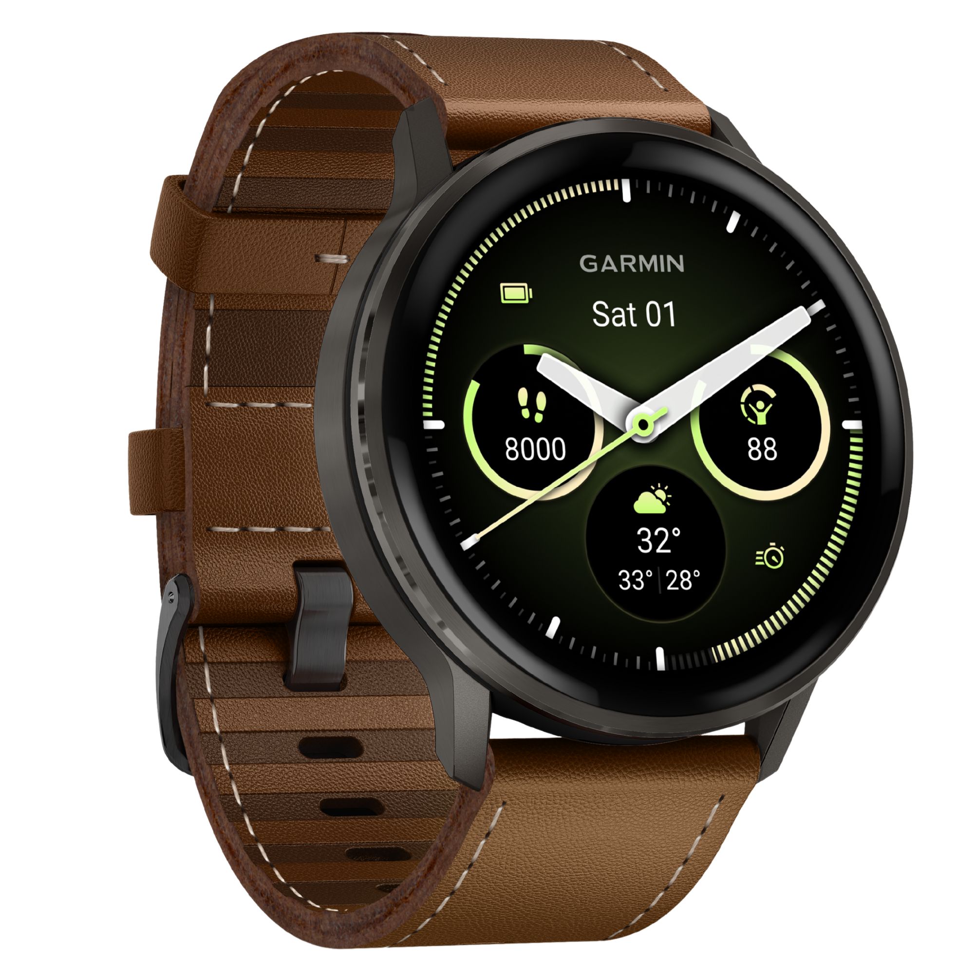 Montre Garmin Venu 4 AMOLED Gray bracelet cuir marron et silicone noir 45 mm