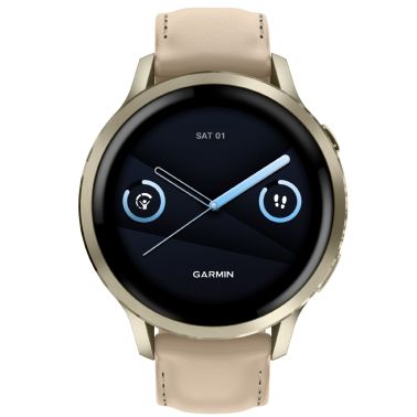 Montre Garmin Venu 4 AMOLED Lunar Gold bracelet cuir beige et silicone ivoire 41 mm