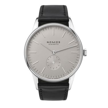 NOMOS Orion 38 Gray mechanical open caseback grey dial black leather strap 38 mm