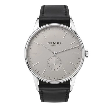 NOMOS Orion 38 Gray mechanical open caseback grey dial black leather strap 38 mm