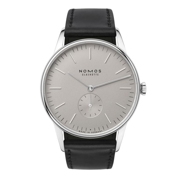 NOMOS Orion 38 Gray mechanical open caseback grey dial black leather strap 38 mm