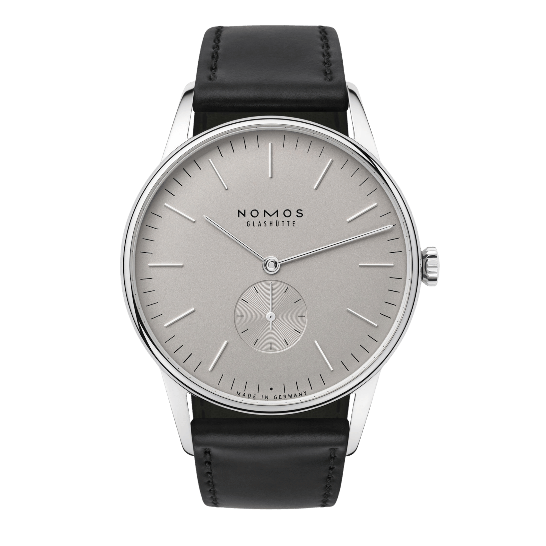NOMOS Orion 38 Gray mechanical open caseback grey dial black leather strap 38 mm