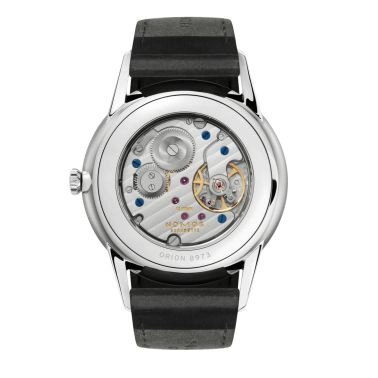 NOMOS Orion 38 Gray mechanical open caseback grey dial black leather strap 38 mm