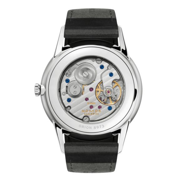 NOMOS Orion 38 Gray mechanical open caseback grey dial black leather strap 38 mm