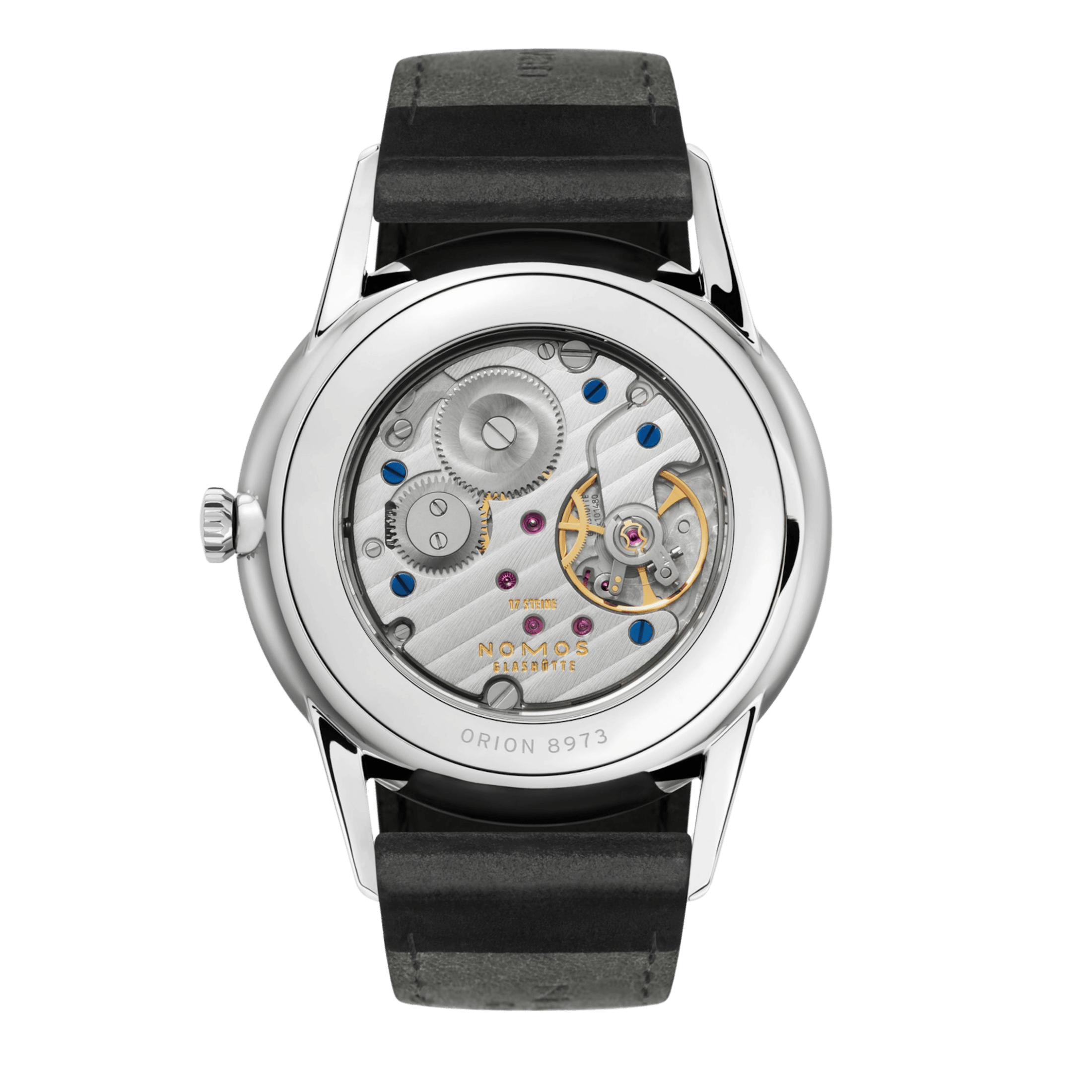 NOMOS Orion 38 Gray mechanical open caseback grey dial black leather strap 38 mm