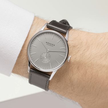 NOMOS Orion 38 Gray mechanical open caseback grey dial black leather strap 38 mm