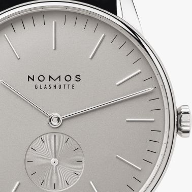 NOMOS Orion 38 Gray mechanical open caseback grey dial black leather strap 38 mm