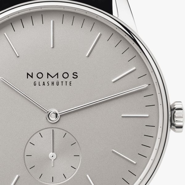 NOMOS Orion 38 Gray mechanical open caseback grey dial black leather strap 38 mm