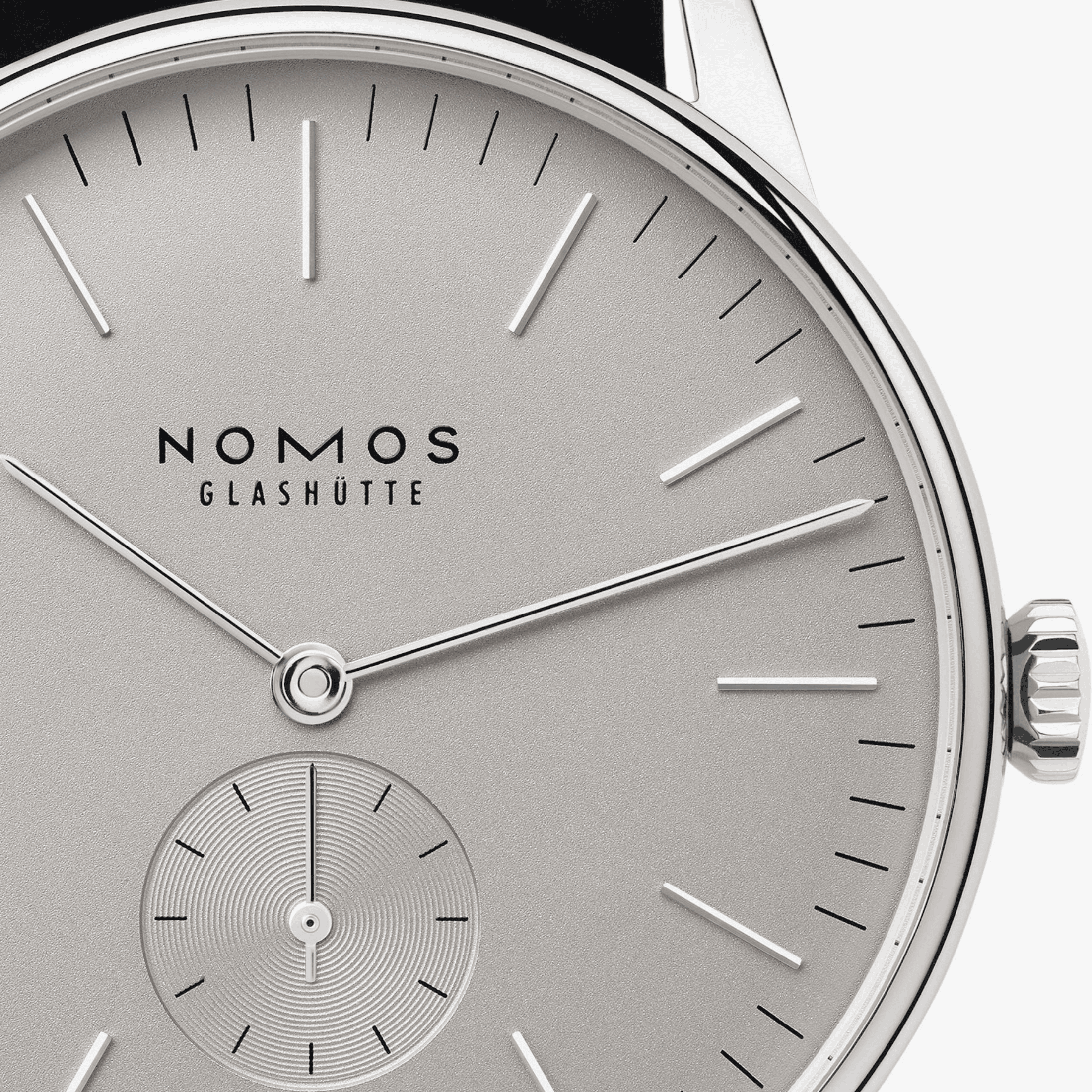 NOMOS Orion 38 Gray mechanical open caseback grey dial black leather strap 38 mm