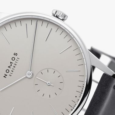 NOMOS Orion 38 Gray mechanical open caseback grey dial black leather strap 38 mm