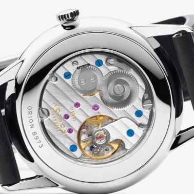 NOMOS Orion 38 Gray mechanical open caseback grey dial black leather strap 38 mm