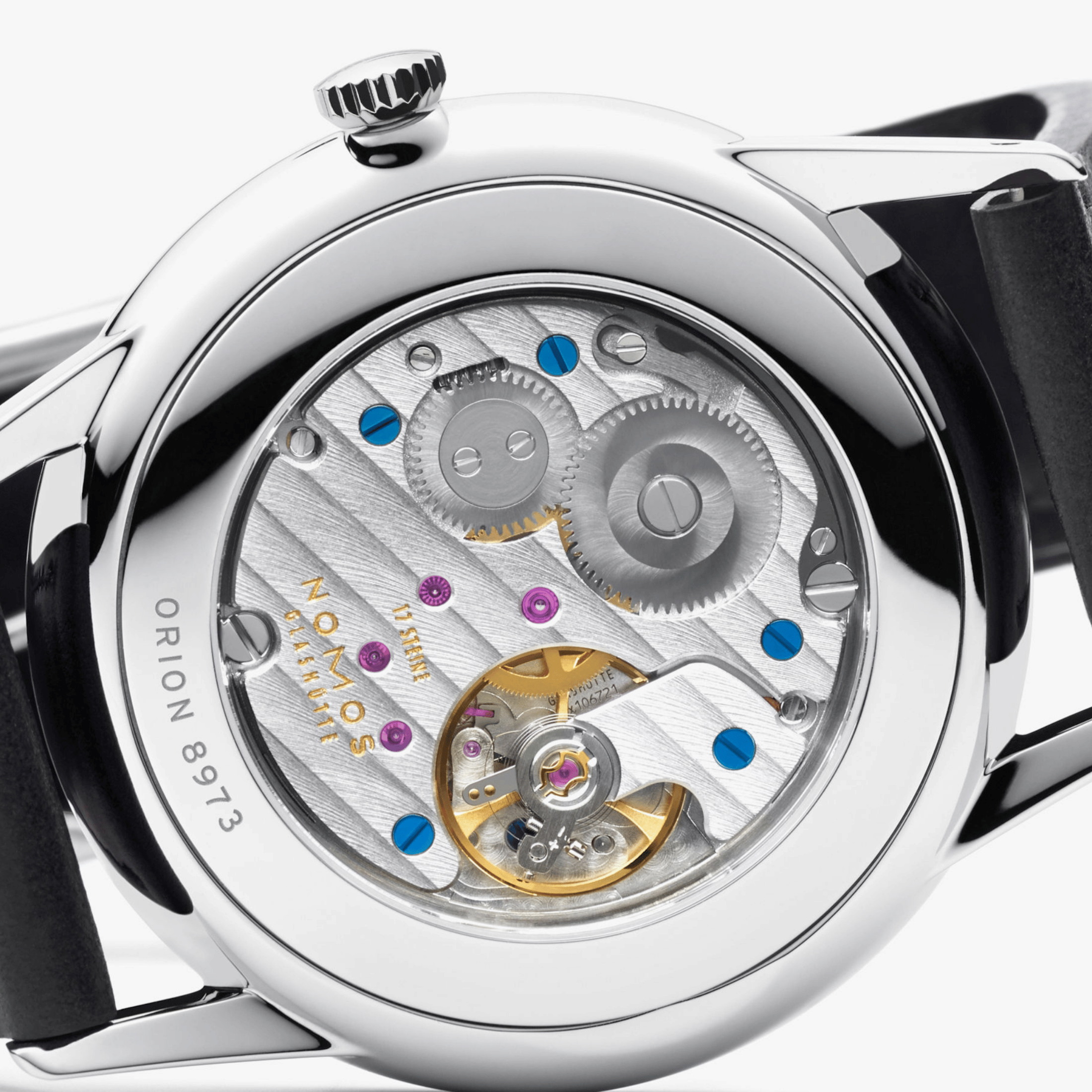 NOMOS Orion 38 Gray mechanical open caseback grey dial black leather strap 38 mm