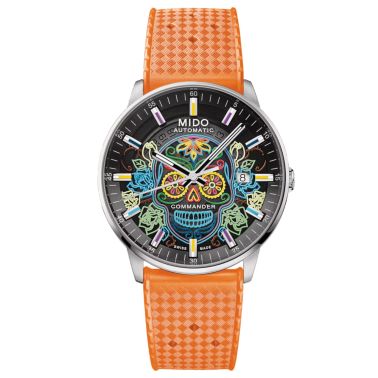 Mido Commander Gradient Automatic Watch with black dial, steel bracelet, orange rubber strap, and black leather strap, 40 mm