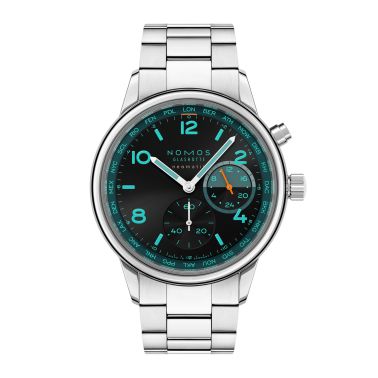 Montre Nomos Club Sport Neomatik Worldtimer "Night Navigation" Trace automatique cadran noir bracelet acier 40 mm