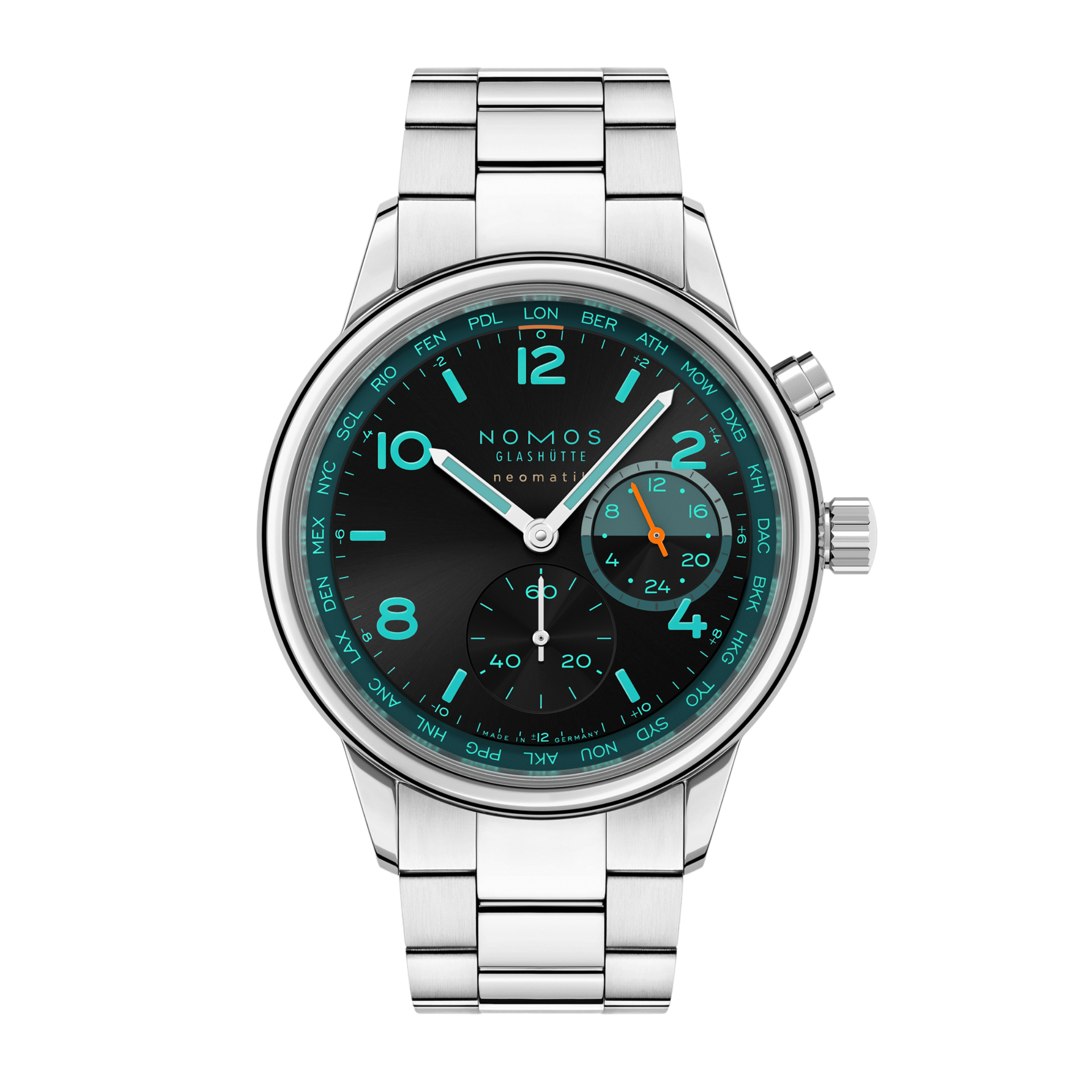 Montre Nomos Club Sport Neomatik Worldtimer "Night Navigation" Trace automatique cadran noir bracelet acier 40 mm